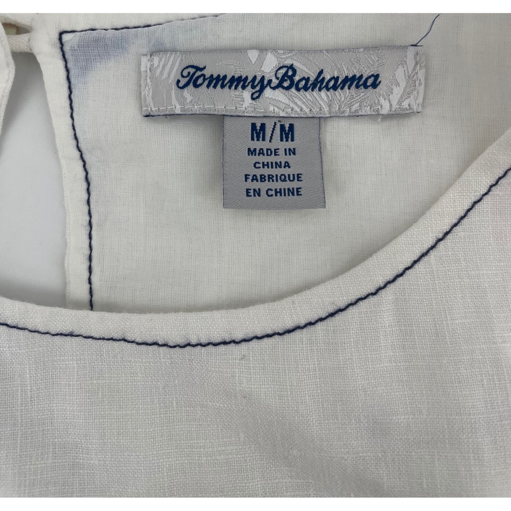 Tommy Bahama Shift Dress Med White Blue Colorblock Linen Fringe Hem Beach Boho - Picture 2 of 7